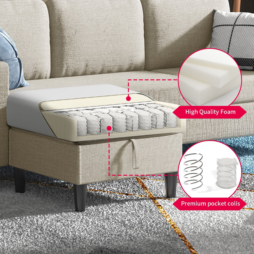 Beige Linen Sectional Sofa with Storage Ottoman Y717844