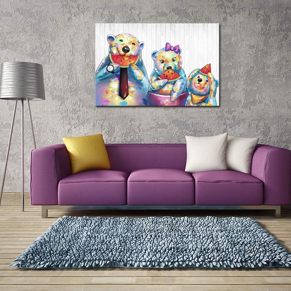 Canvas Wall Art Bear Family Eating Watermelon Painting Wooden Texture Poster Print I93120