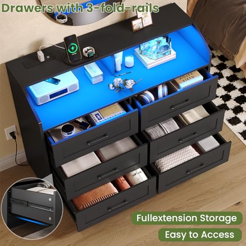 White 6 Drawers Wood Dresser with LED Lights and Charging Station N189