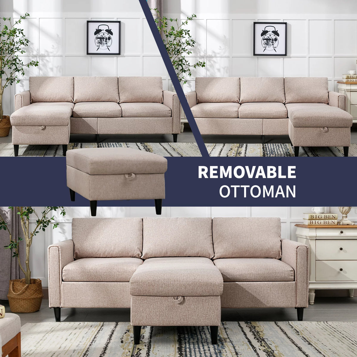 Beige L-Shape Convertible Sectional Sofa with Storage Ottoman X646463