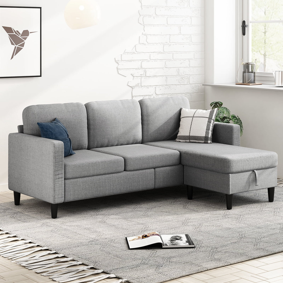Beige Linen Sectional Sofa with Storage Ottoman Y717844