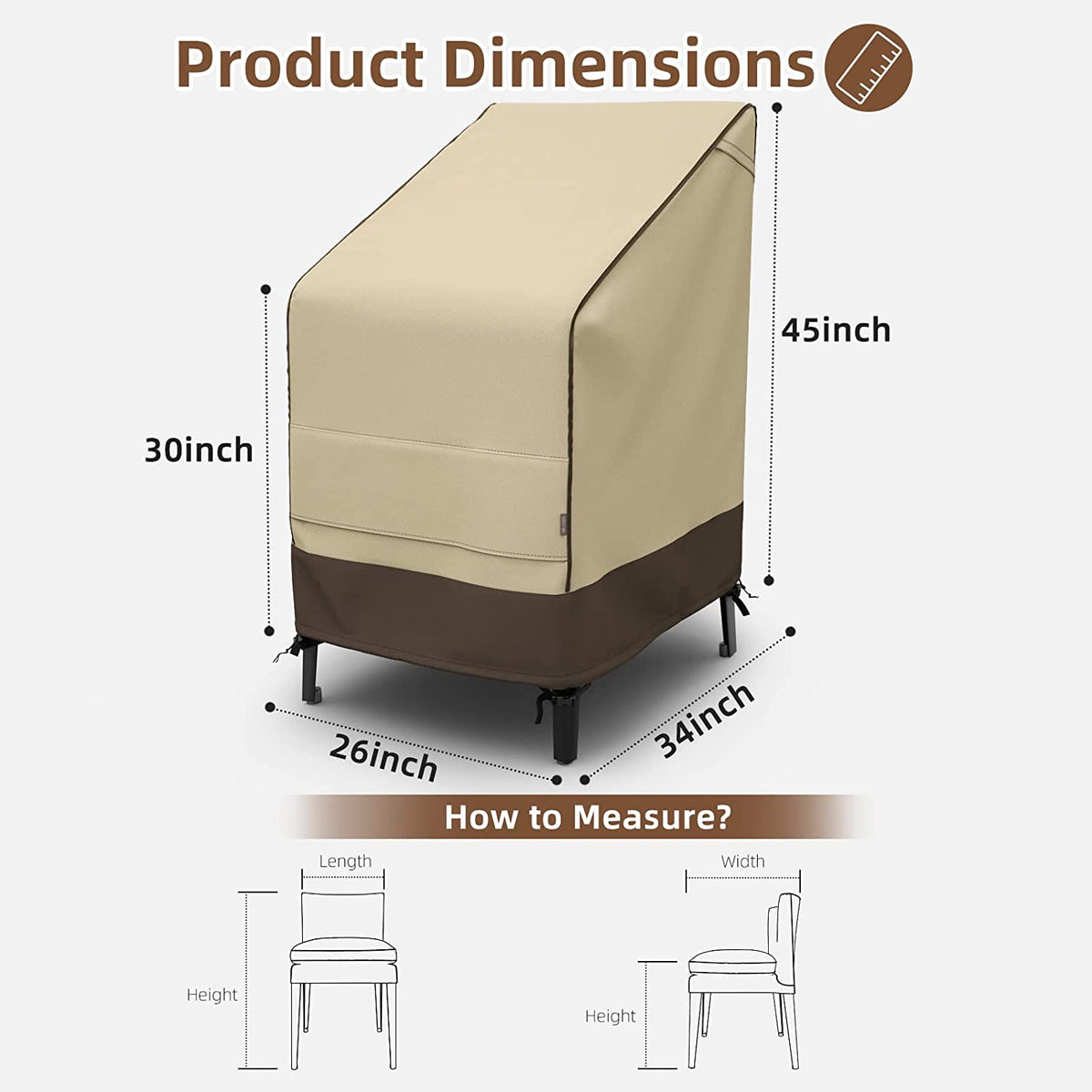 45" Patio Stacked Chair Cover, 600D Oxford Fabric Waterproof with Straps, Large Air Vents, Brown & Khaki S24150