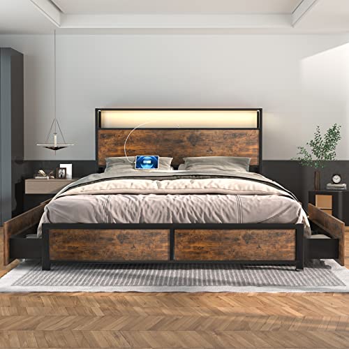 Full Size Metal Bed Frame with Storage Drawers, Rustic Brown U9405