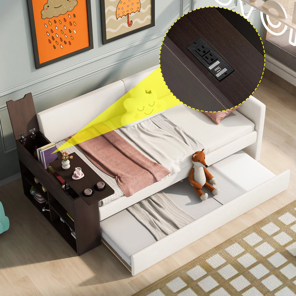 Beige Twin Size Upholstery Daybed with Trundle F305
