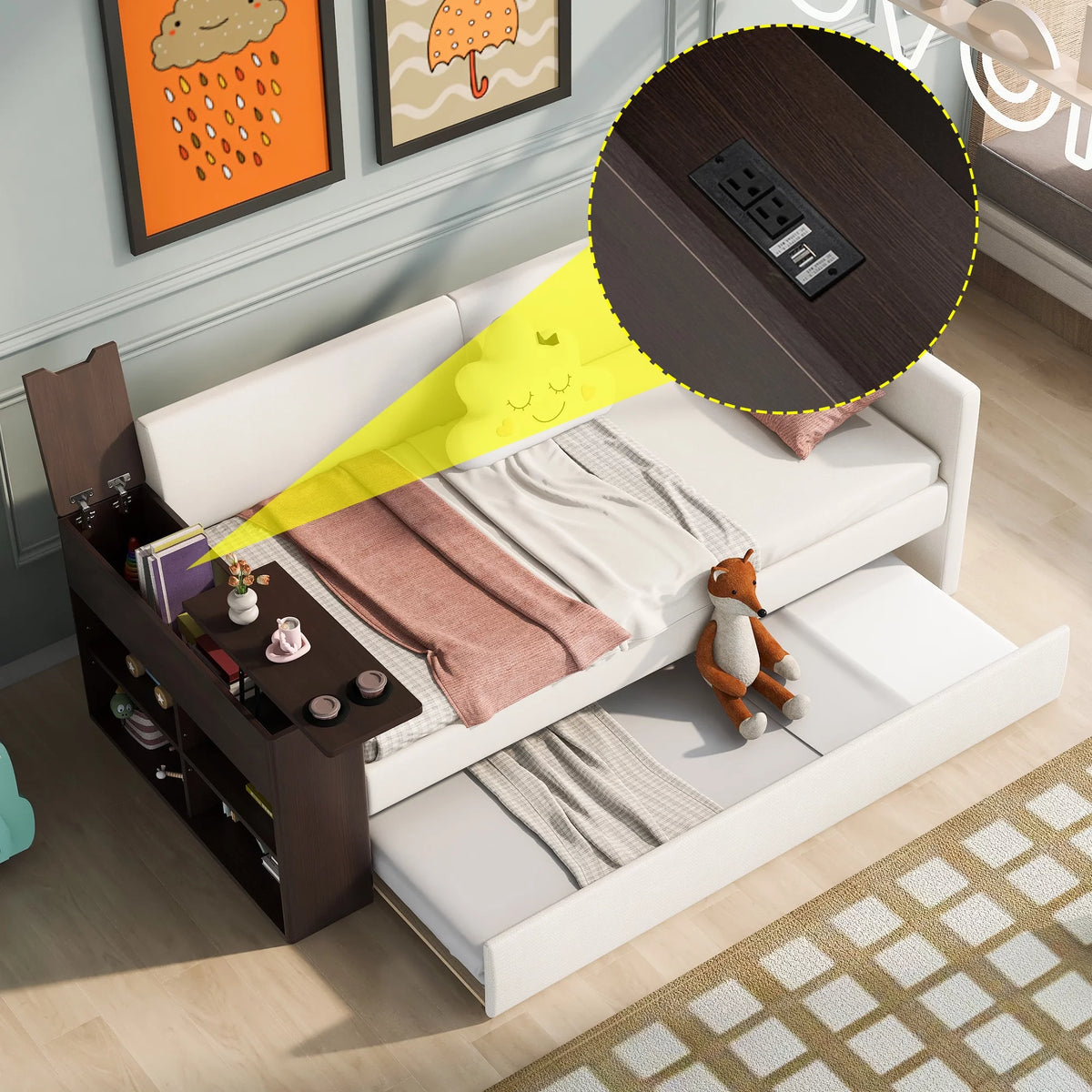 Beige Twin Size Upholstery Daybed with Trundle F305