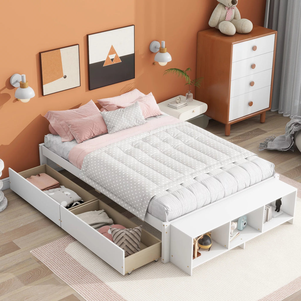 White Full Size Platform Bed with Storage Shelves and Drawer Z247