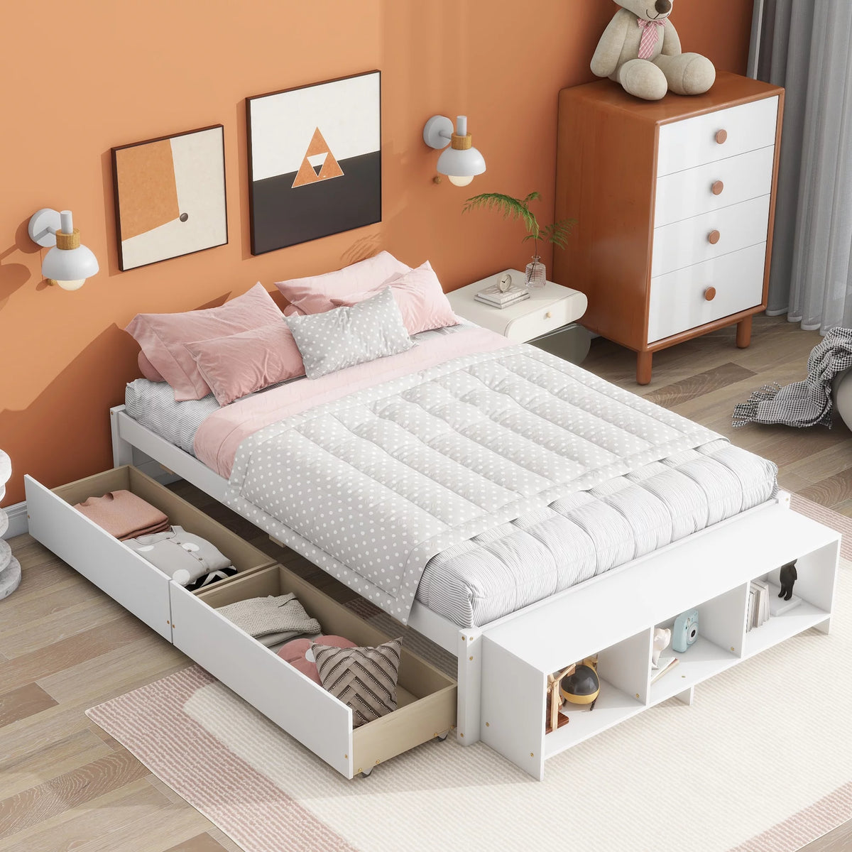 White Full Size Platform Bed with Storage Shelves and Drawer Z247