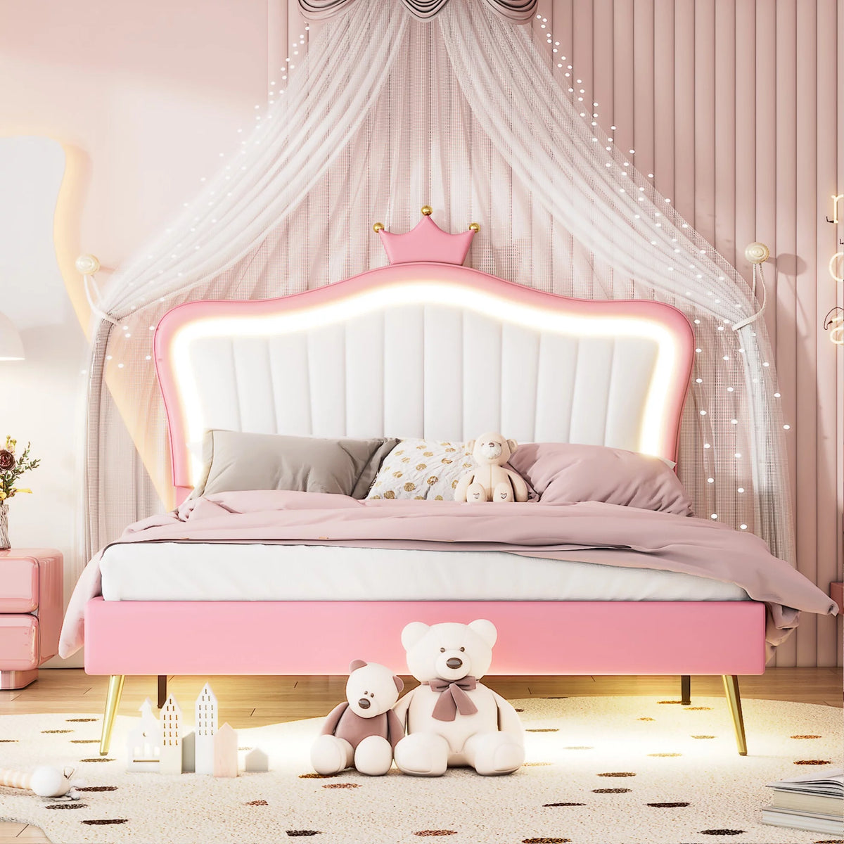 White Full Size Upholstered Platform Bed with LED Lights U292930