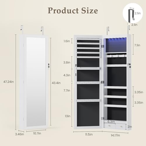 White 47.2-Inch Lockable Mirror Jewelry Cabinet C3757
