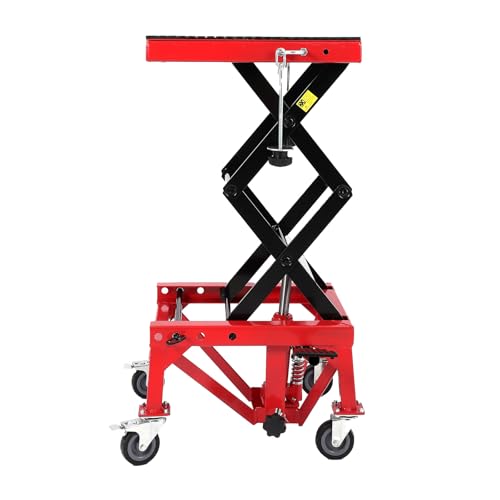 Hydraulic Motorcycle Lift Jack 350LBS, Foot Operated Scissor Lift Table, Heavy-Duty Steel Stand with Safety Lock & Wheels, Height Adjustable, Oil Drain Hole W873687