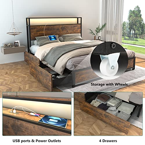 Full Size Metal Bed Frame with Storage Drawers, Rustic Brown U9405