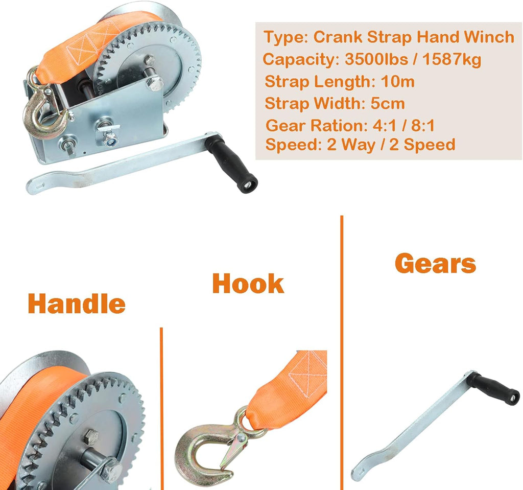 3500lbs Dual Gear Hand Winch Polyester Strap Pack of 2 G2150