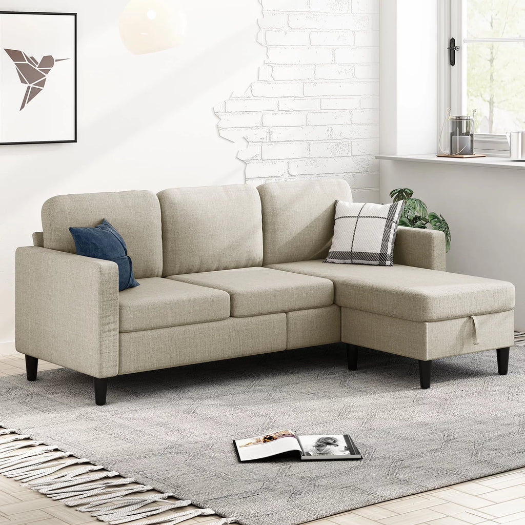 Beige Linen Sectional Sofa with Storage Ottoman Y717844