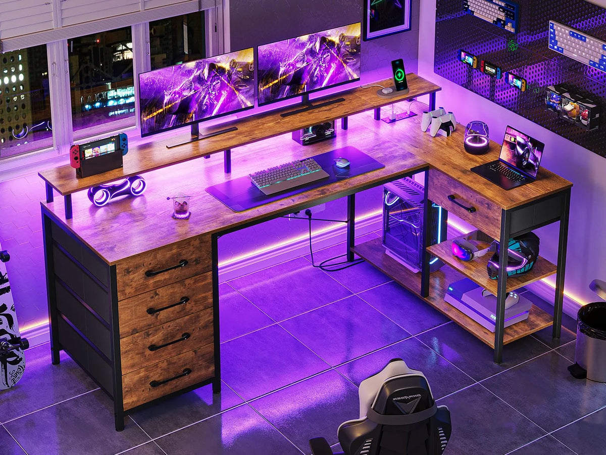 L Shaped Desk with LED Lights and Power Outlets G4478