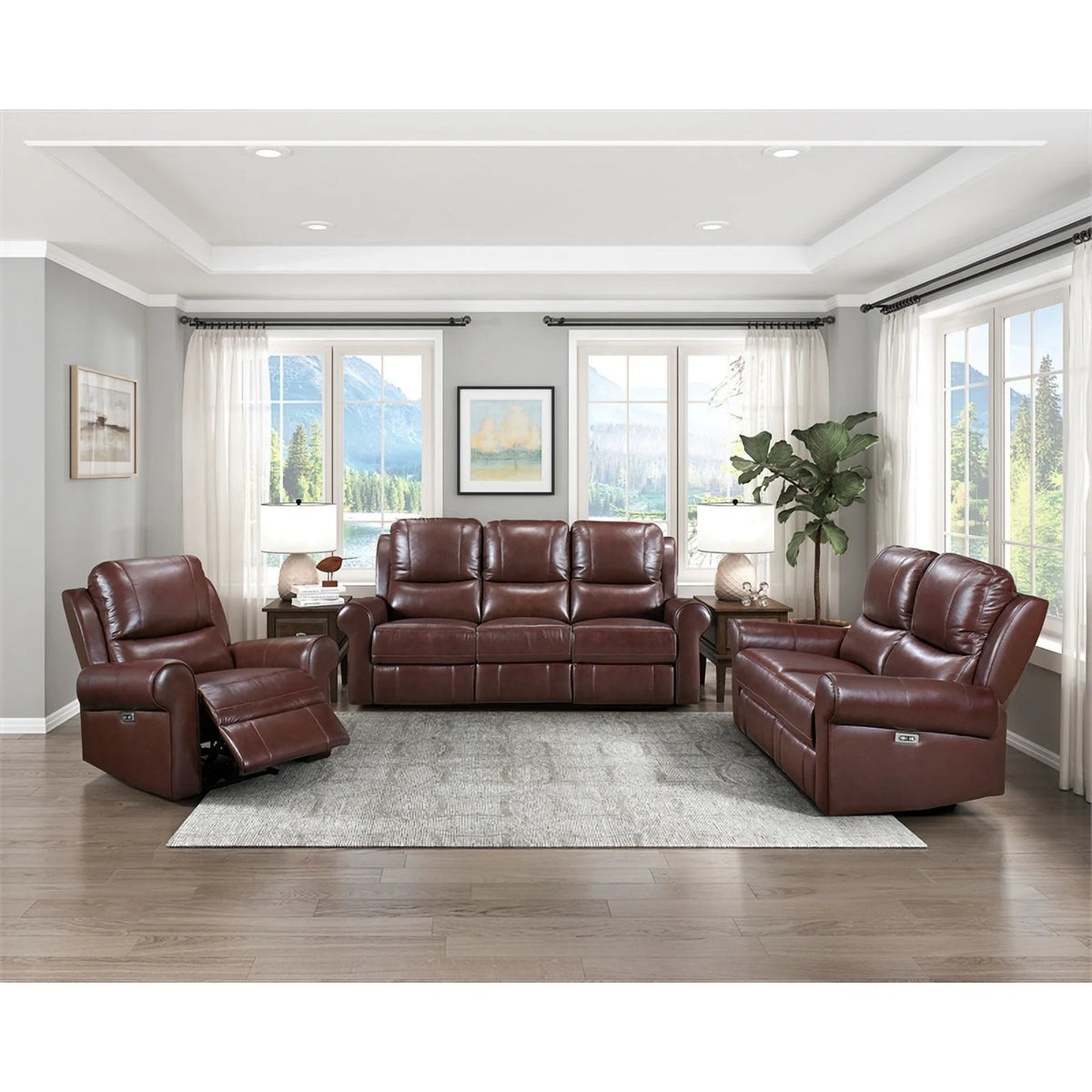 Brown Leather Match Power Double Reclining Love Seat M82659