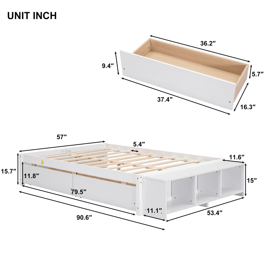White Full Size Platform Bed with Storage Shelves and Drawer Z247