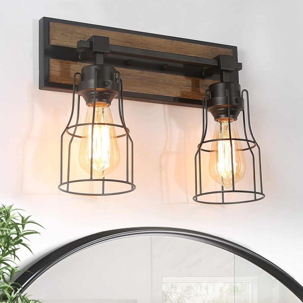 Bathroom Vanity Light Fixtures with Metal Cage, Faux Wood Finish T825
