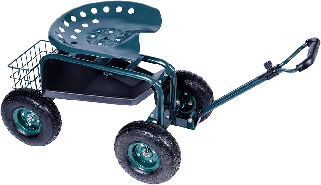 Green Rolling Garden Tool Cart with Swivel Seat and Storage Basket J4725