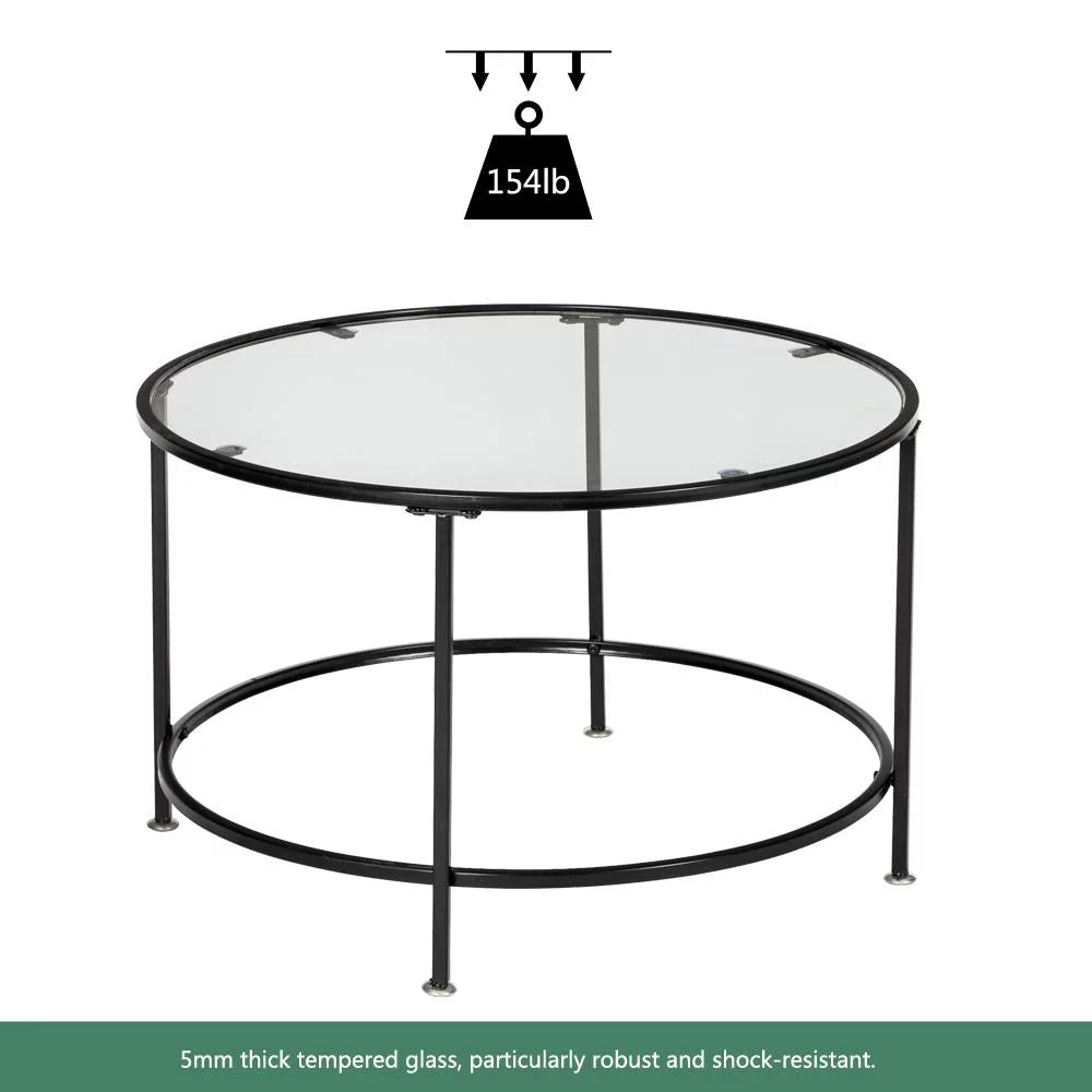 26" Round Glass Coffee Table with Black Iron Frame S4440