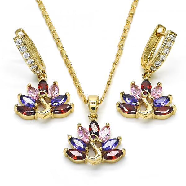 Gold Plated Multicolor CZ Peacock Dangling Drop Necklace Earring Set D614696