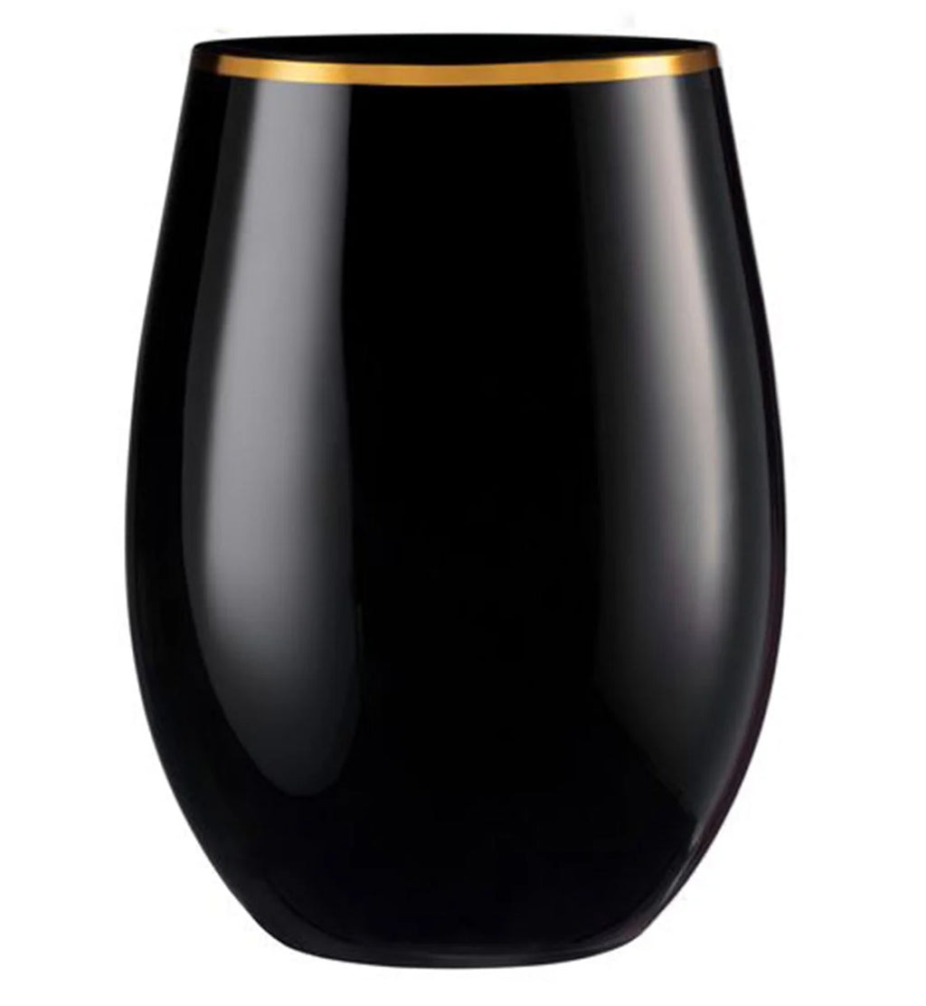 Stemless Plastic Wine Goblet 16 oz Black / Gold Rim Pack of 48 K826