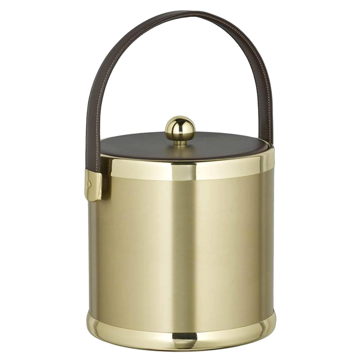 Brushed Brass 3 qt Ice Bucket with Brown Stitched Handle and Fabric Lid V26130