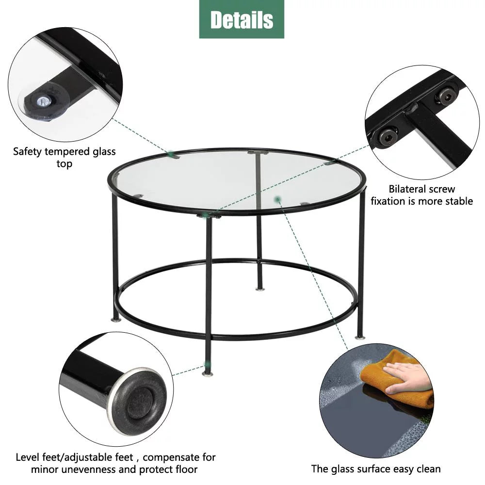 26" Round Glass Coffee Table with Black Iron Frame S4440