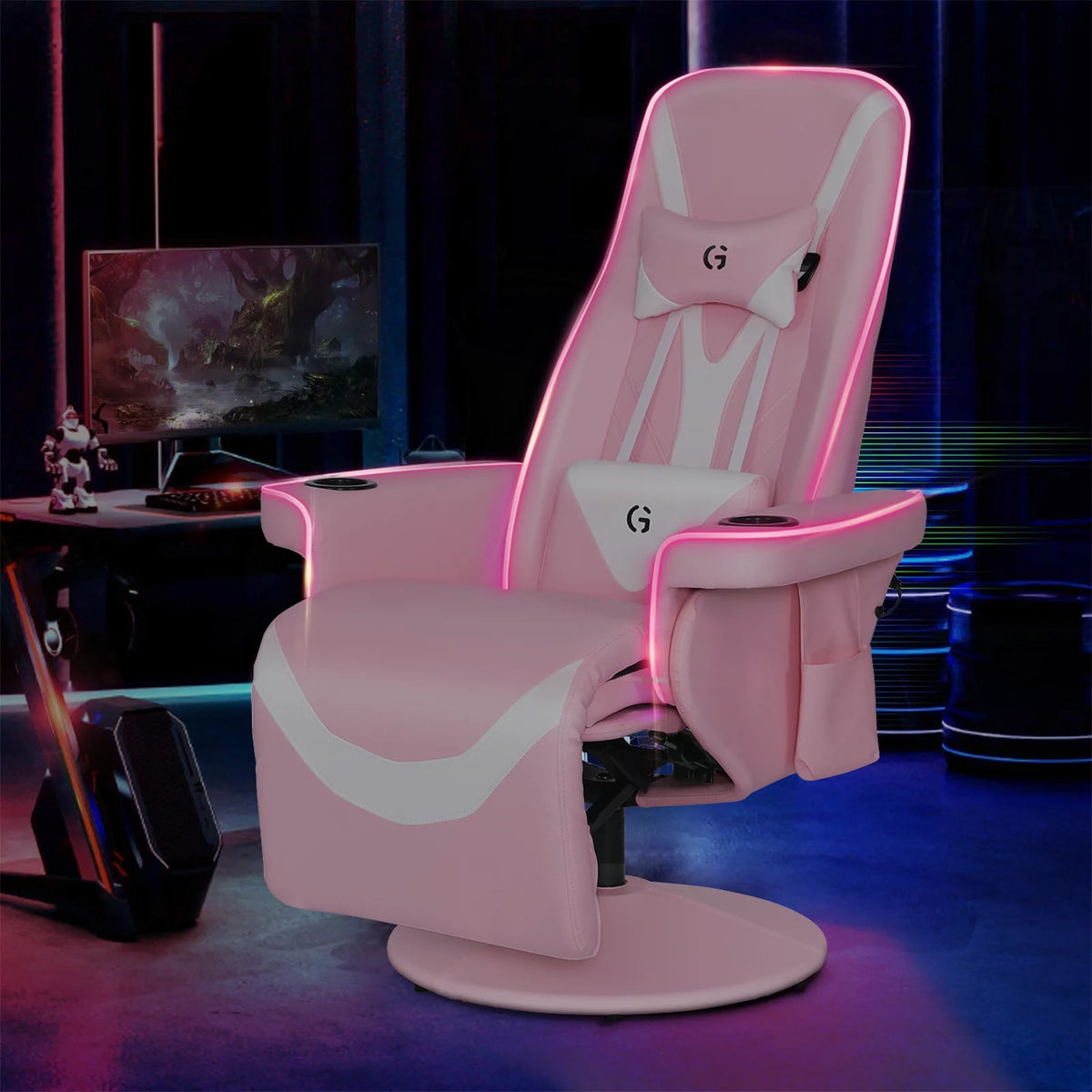 Pink White Ergonomic Recliner Gaming Chair with Footrest and Massage Lumbar Support T4354
