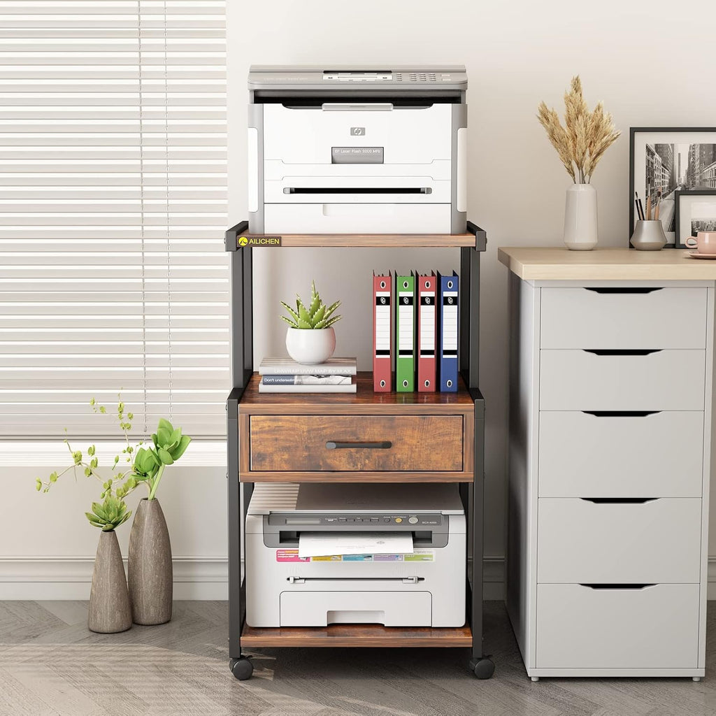 3-Tier Printer Stand with Drawers Record Player Stand End Table Storage Cabinet Printer Rack with Wheels Rolling Filing Cabinet Printer Cart P175212