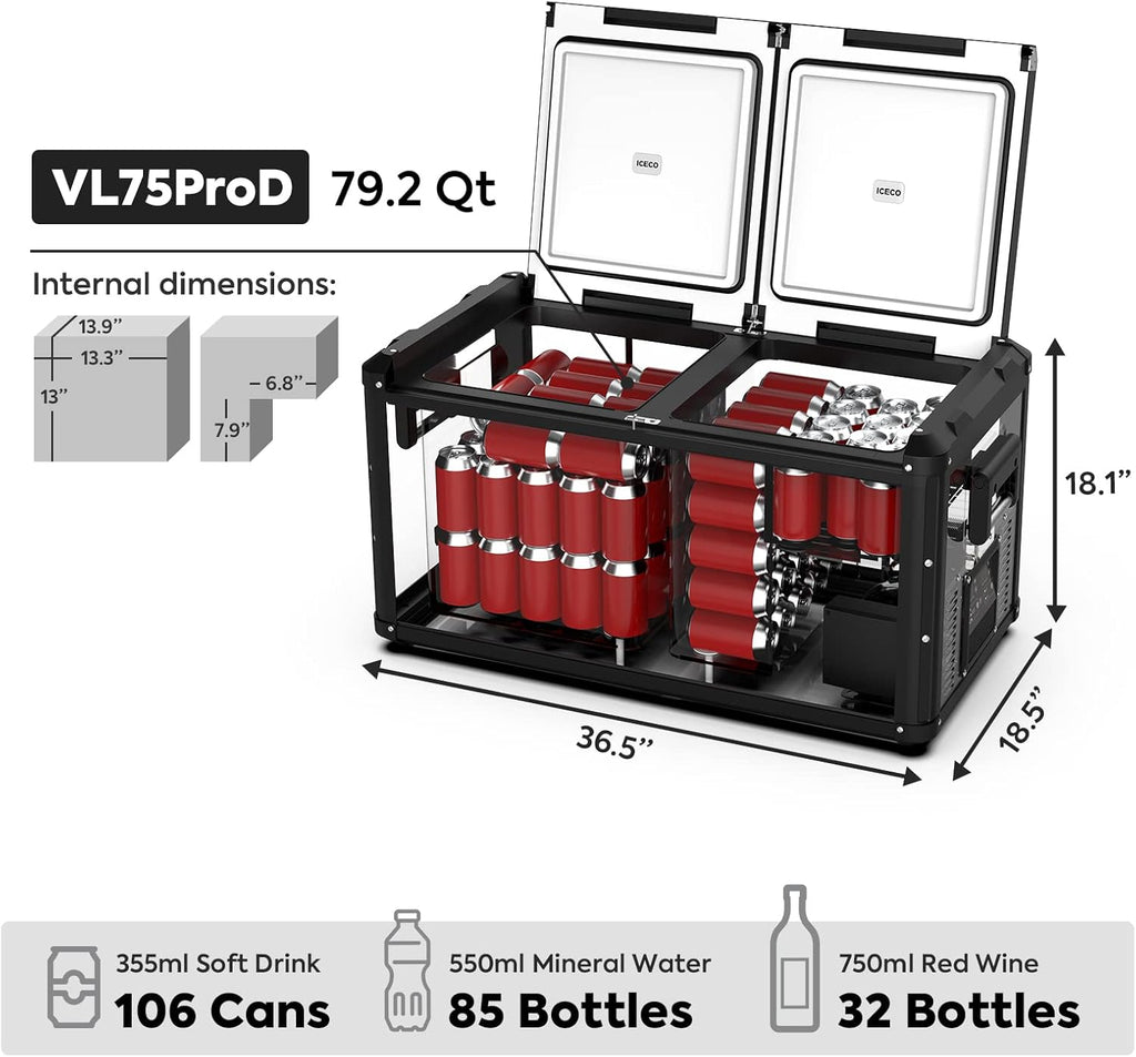 Portable Refrigerator, 75L Dual Zone Steel Compact Refrigerator W627