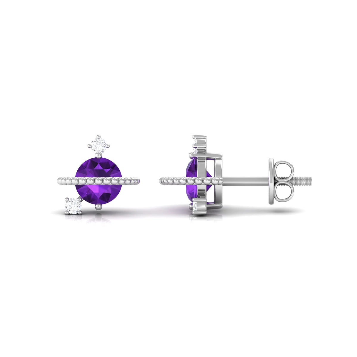 Amethyst Stud Earrings with Diamond, 925 Sterling Silver S259