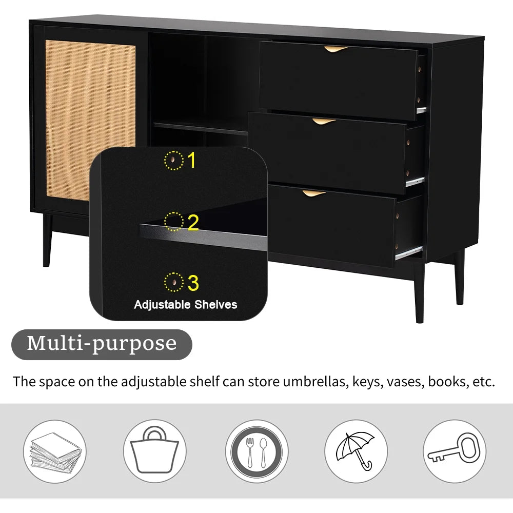 Black 3 Drawer Rattan Accent Cabinet D14014