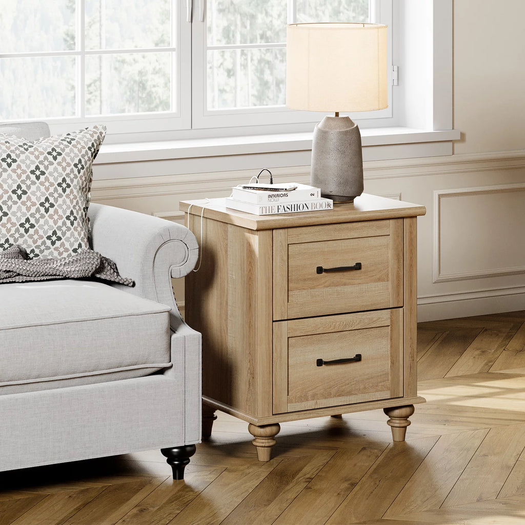 Light Rustic Oak Nightstand with Charging Station and 2 Drawers S651420