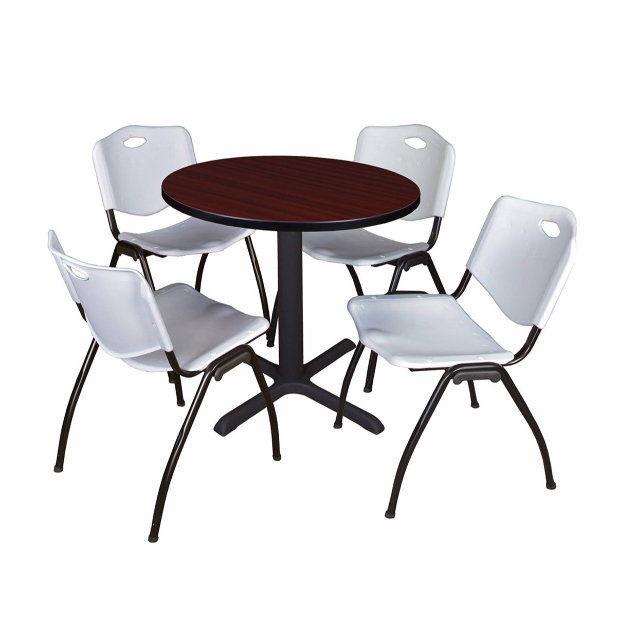 30x22 Round Breakroom Table Mahogany 4 Stack Chairs Blue B3856