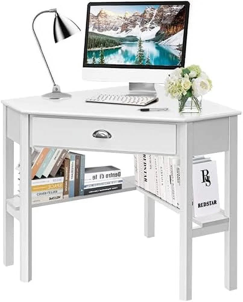White Corner Desk with Drawer Shelves X420919