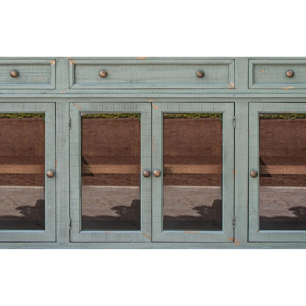 70 in. 4 Glass Doors Teal Blue Pine Wood Console Sideboard Cabinet A149