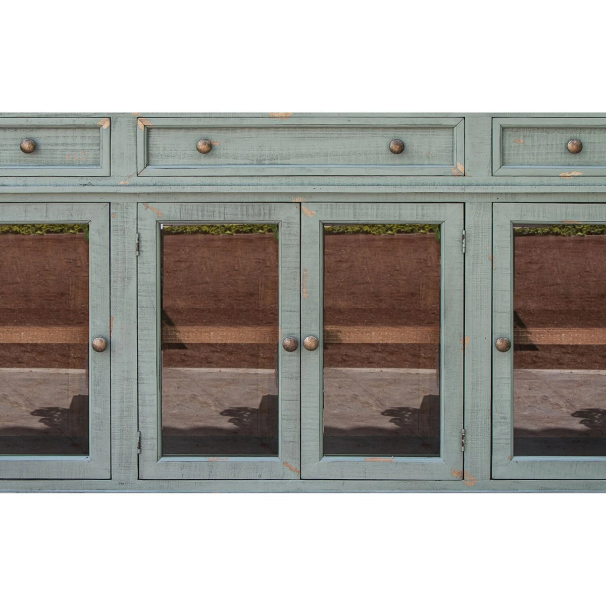 70 in. 4 Glass Doors Teal Blue Pine Wood Console Sideboard Cabinet A149