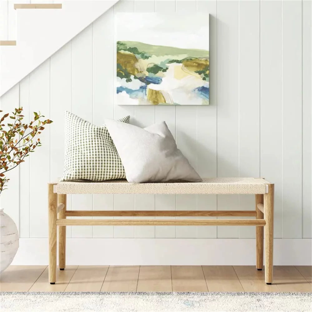 Wood Entryway Bench with Weave Rope Top R120703