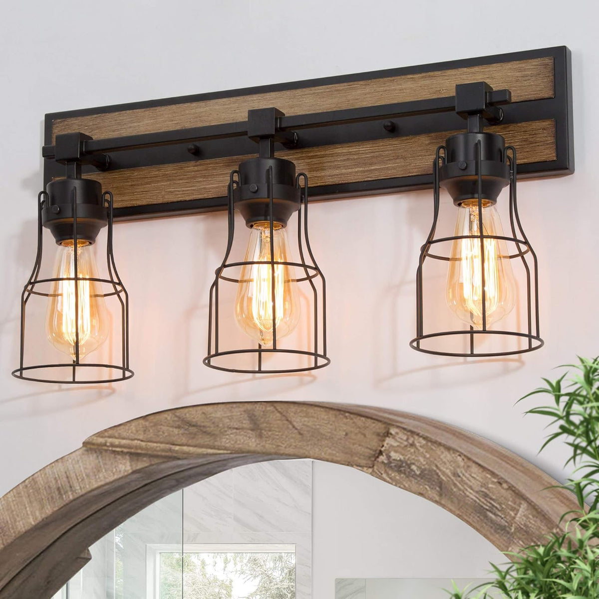 Bathroom Vanity Light Fixtures with Metal Cage, Faux Wood Finish T825