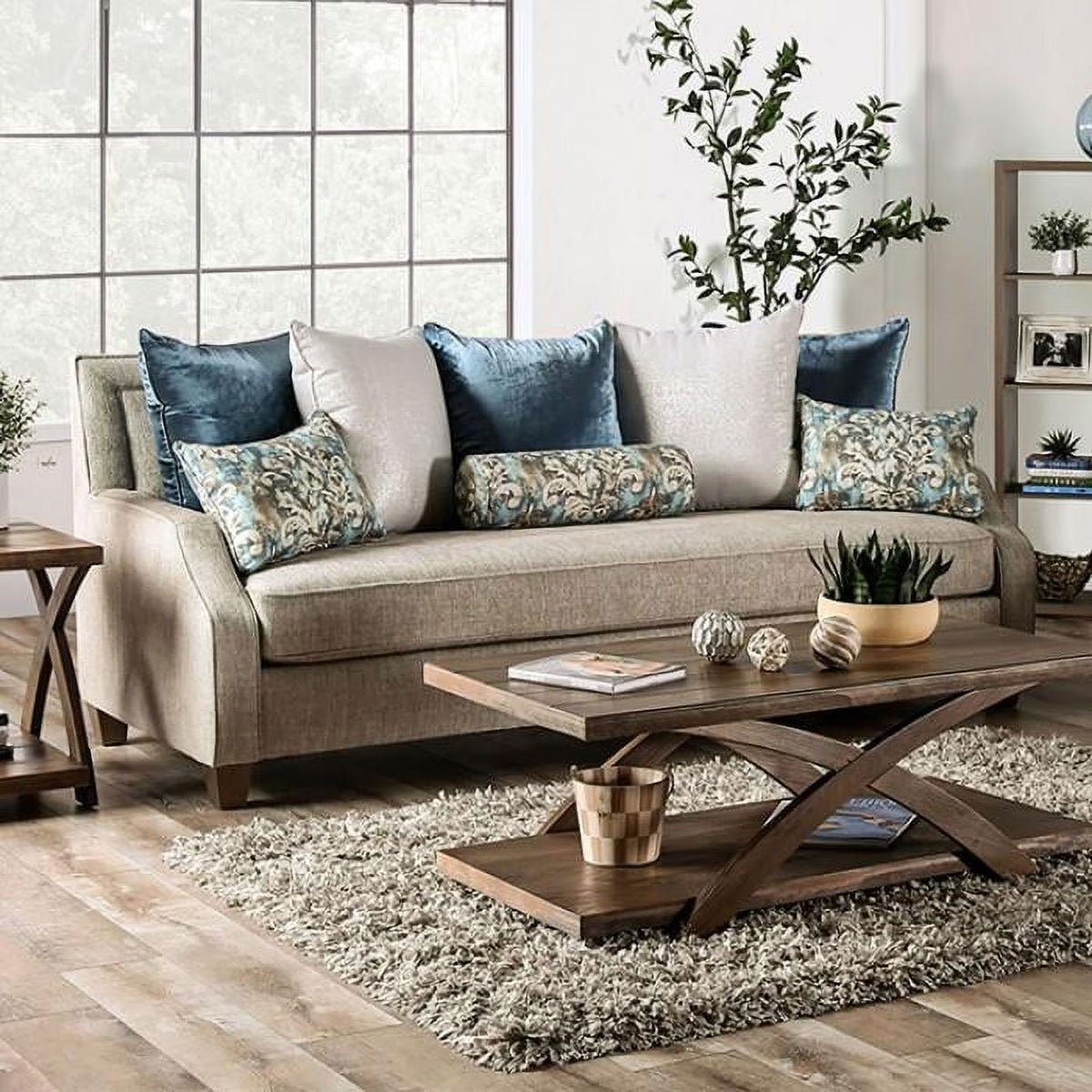 Beige & Teal Chenille Sofa K305862