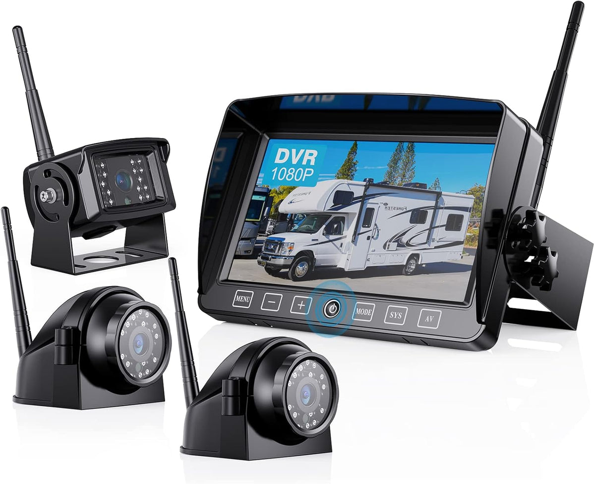 Wireless Backup Camera with 7 Inch DVR Quad Split Monitor, HD 1080P 3 Cameras Back Up System with Recording, Pack of 2 T506