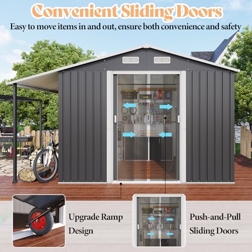 Dark Grey/White Metal Storage Shed with Sliding Doors T729