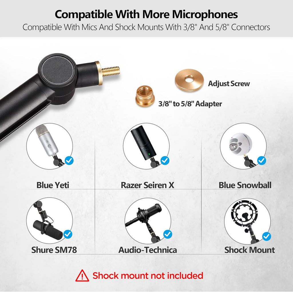 Mic Boom Arm with 3/8 to 5/8 Adapter, Heavy Duty Metal Desk Mount Stand, Pack of 2 R4799