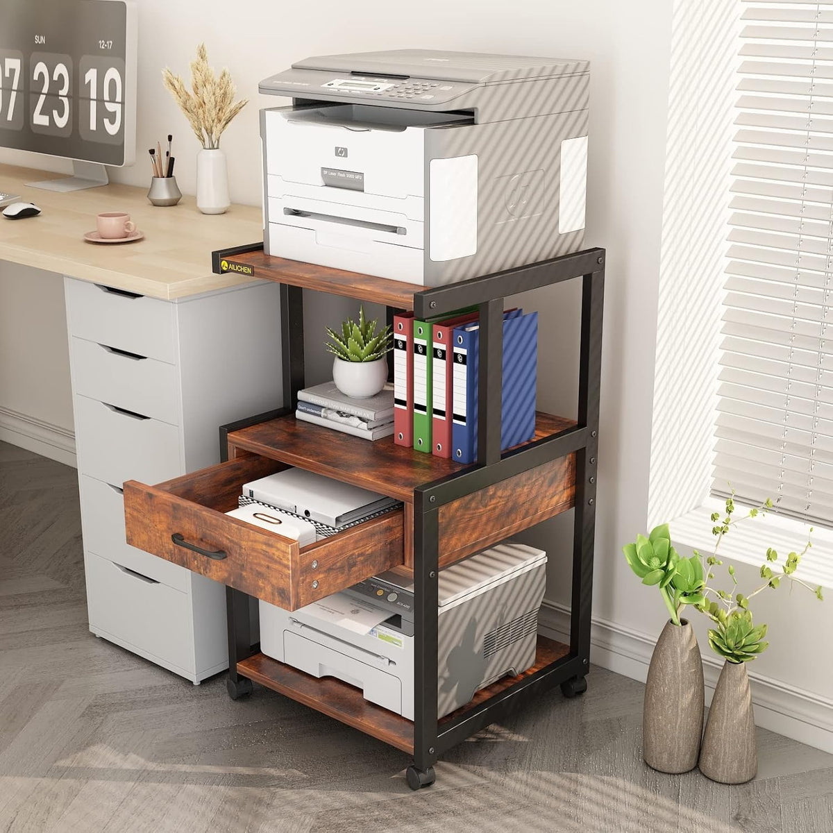 3-Tier Printer Stand with Drawers Record Player Stand End Table Storage Cabinet Printer Rack with Wheels Rolling Filing Cabinet Printer Cart P175212