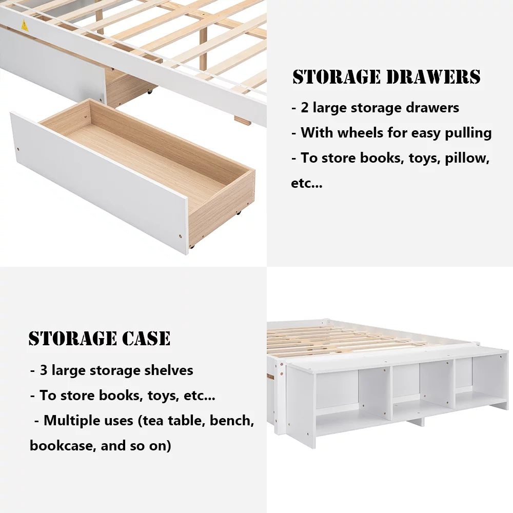 White Full Size Platform Bed with Storage Shelves and Drawer Z247