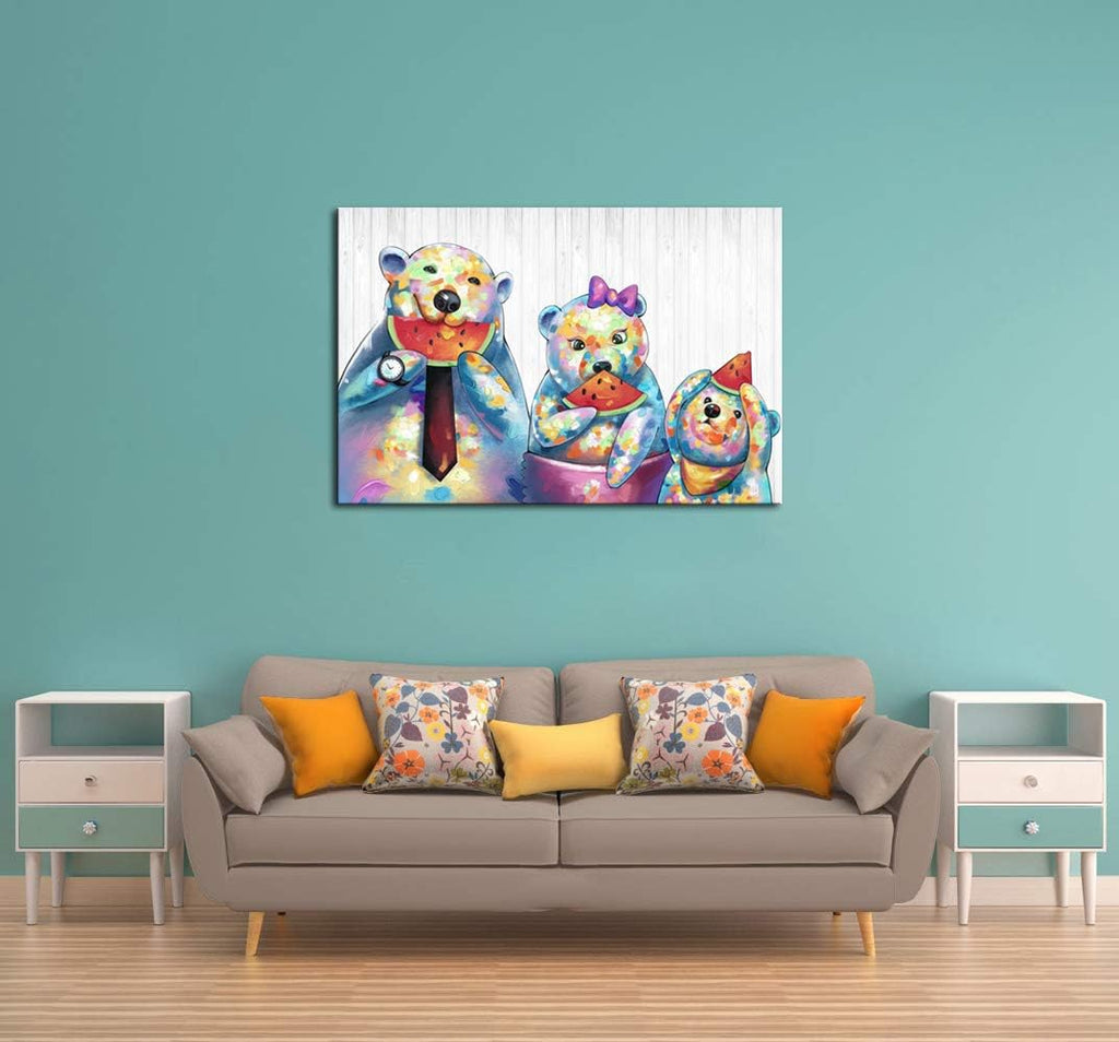 Canvas Wall Art Bear Family Eating Watermelon Painting Wooden Texture Poster Print I93120
