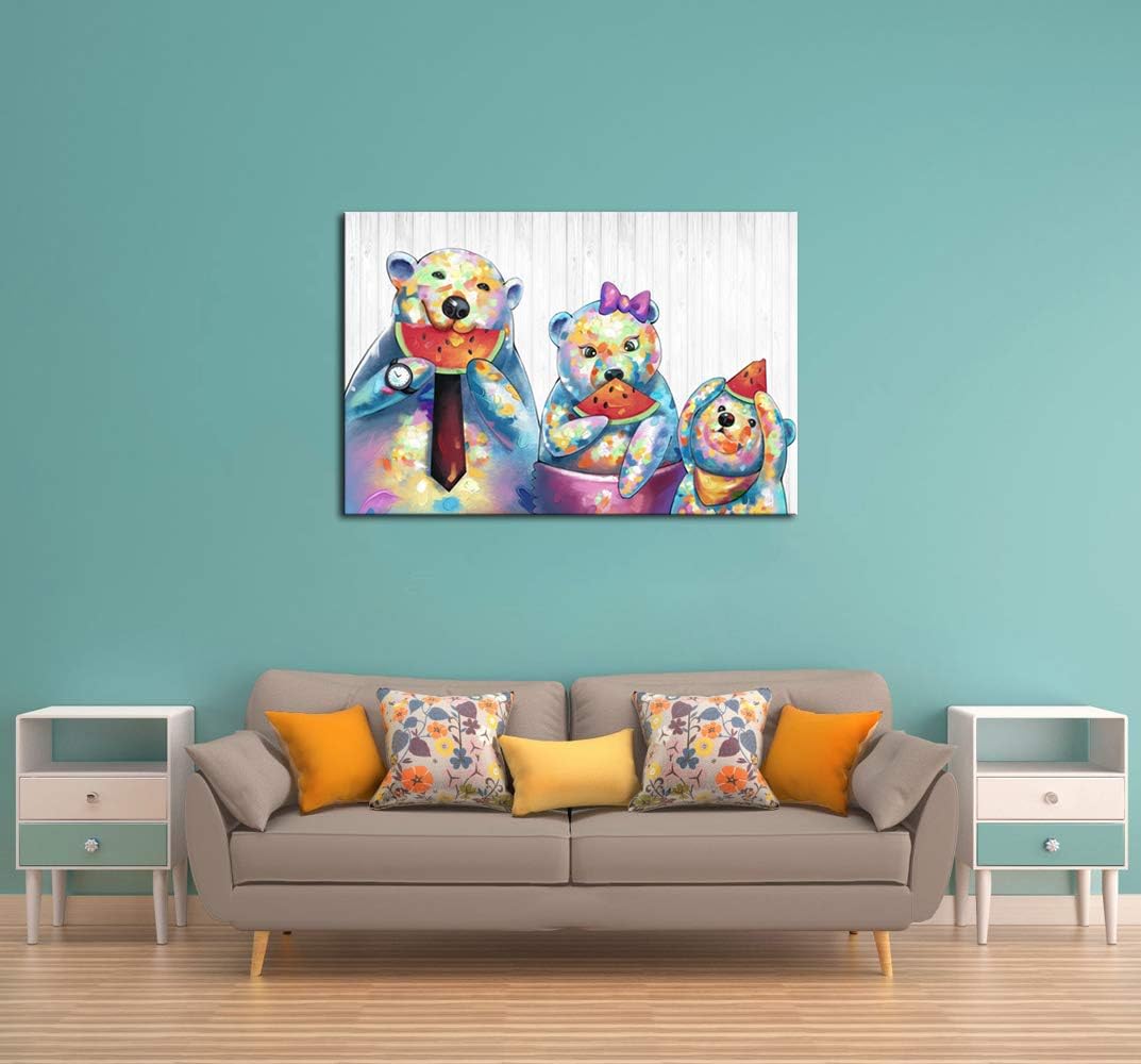 Canvas Wall Art Bear Family Eating Watermelon Painting Wooden Texture Poster Print I93120