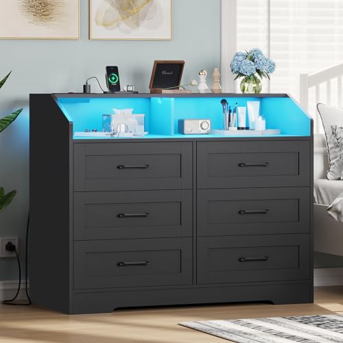 White 6 Drawers Wood Dresser with LED Lights and Charging Station N189