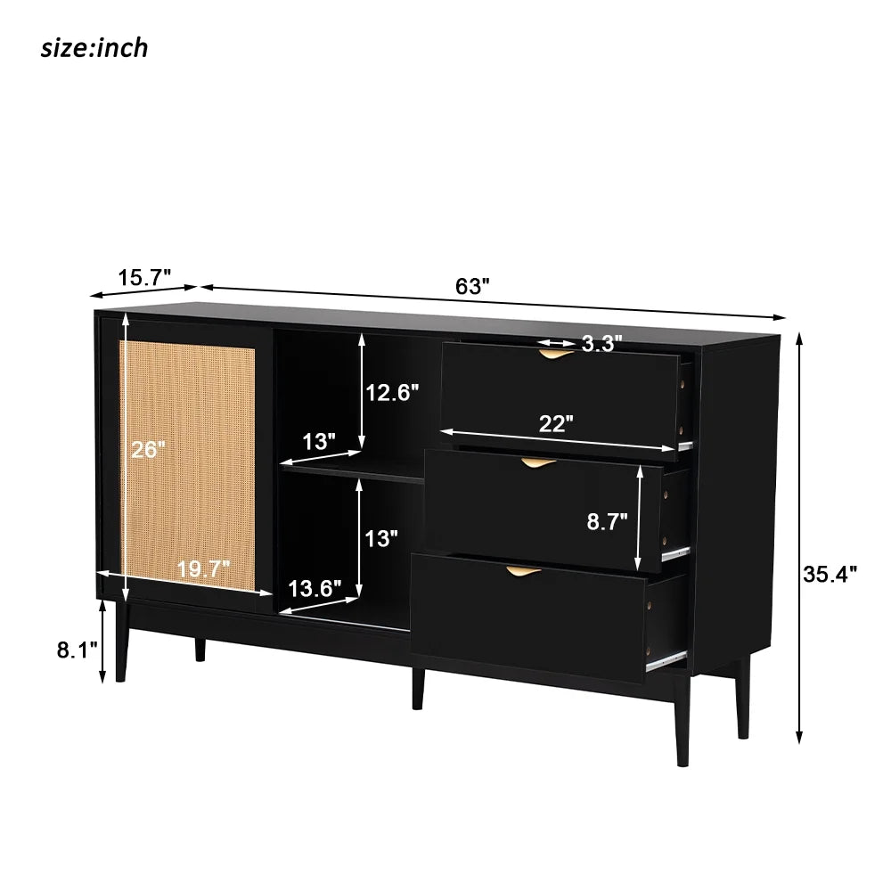 Black 3 Drawer Rattan Accent Cabinet D14014