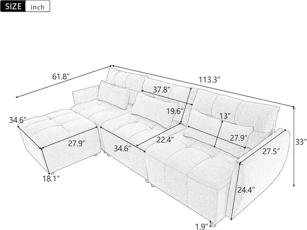Beige Oversized 114" Convertible Sectional Sofa with Movable Ottoman A726196